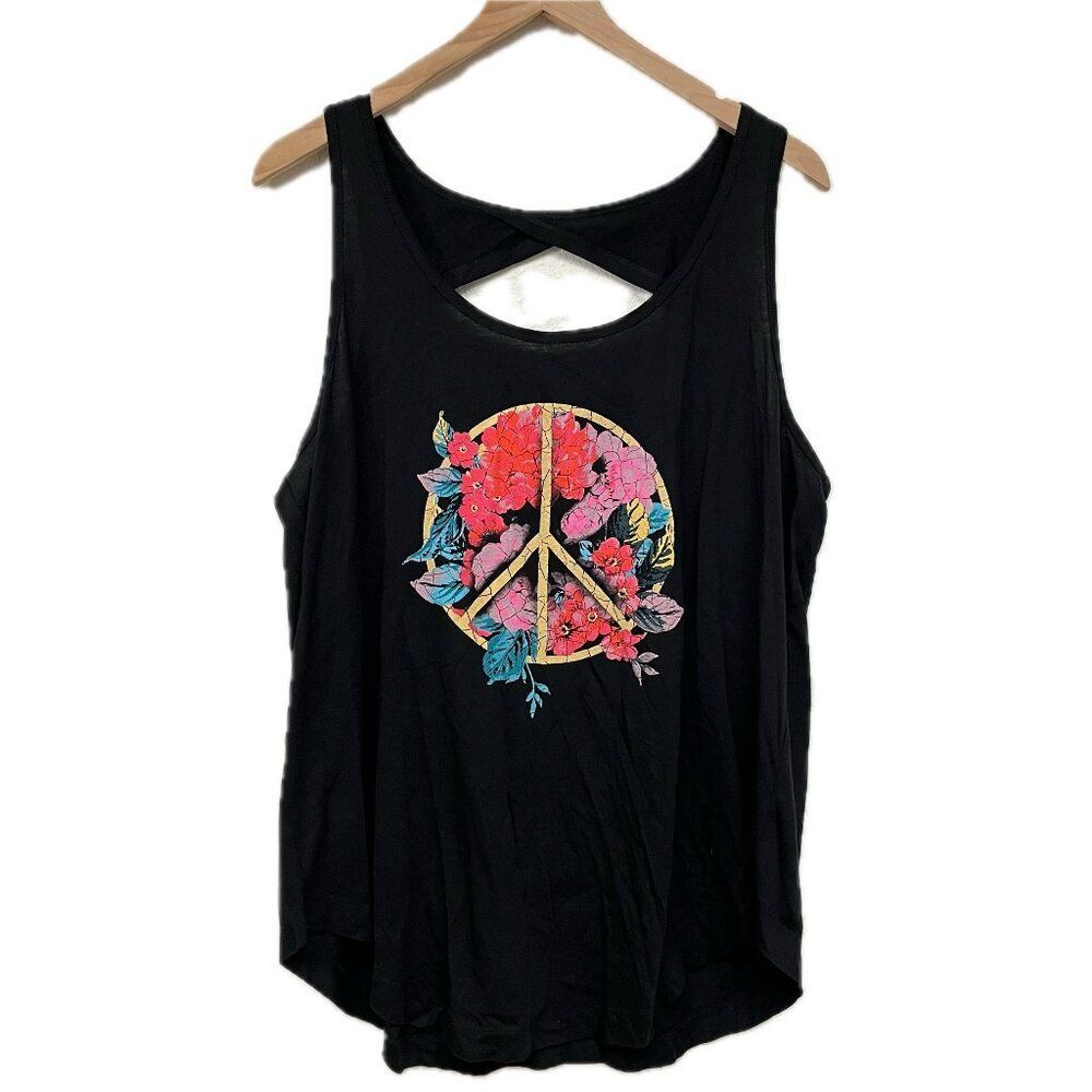 New Torrid Active Black Peace Sign Floral Tank Top - Size 1X